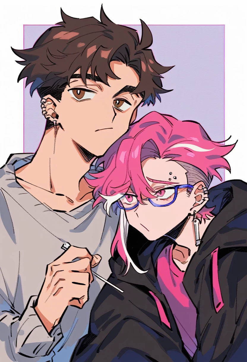 2 boys together, couple. 
First boy: a young man with medium pink hair and some white highlights, UP TO THE NECK, piercings na orelha, hot pink eyes, short clothing. the pink, red and orange are colors present in her sexy and short outfit, next to a pair of light purple glasses. His expression is happy looking at the face of his companion Second boy: a young man with short, dark brown hair, with highlights at the ends in a dark ocean blue, he has a cross earring in one ear and an eyebrow piercing, brown eyes mixed with light blue, long clothing. The black, blue and gray are colors present in his simple sweatshirt, he holds a lollipop in one hand. His expression is disinterested and bored., looking away to the side.
They're both together, e o rapaz de cabelthe pink está abraçando alegremente o de cabelo castanho, while looking at him cutely. The brown haired one supports him, but he doesn&#39;t seem very happy. homosexual couple. 