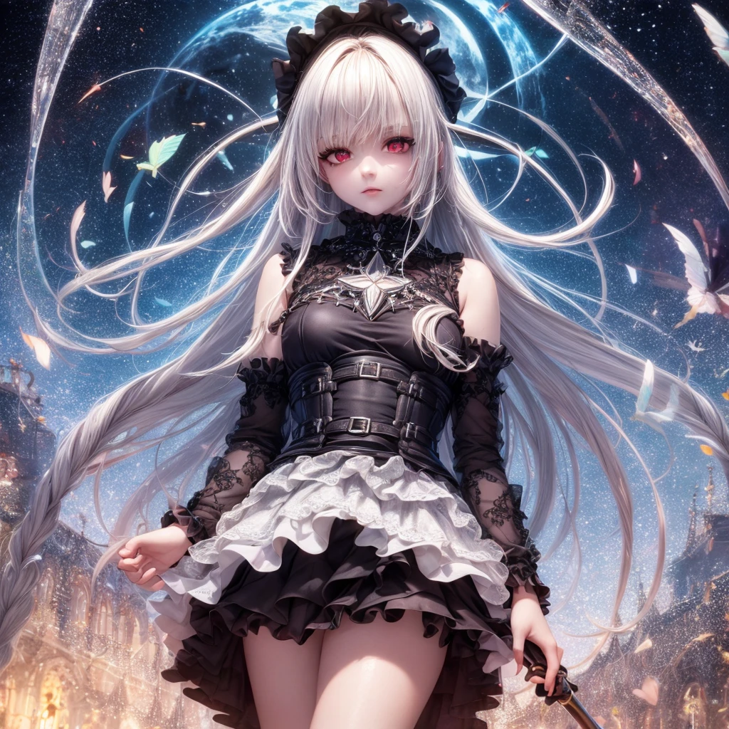 quality,8k,Highly detailed CG unit, masterpiece,High resolution,top-quality, real texture skin,surreal,Increase the resolution,RAW Photos,highest quality,Very detailed,From below,Cool Beauty,Glamour Women, Cool pose,Gothic Lolita,A skirt full of frills,Red accent embroidery,long hair shining white, Mysteriously glowing crimson eyes, Queen, world, Crystal Flower,Sparkling stained glass like a kaleidoscope,Majestic cathedral,Layered skirt with details, Detailed embroidery, Very layered ruffles, Detailed Texture,A geometric magic circle above your head,Ornamented silver walking stick,The hidden forbidden sanctuary,