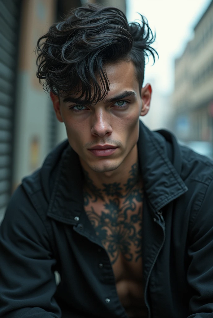 A young man, white skin and short black hair, with a cool haircut, gray blue eyes and a treacherous smile. The face has a more rectangular shape, wears loose, dark clothes. Very urban style, half hip-hop. He has tattoos all over his body and a tattoo on his neck.. smoking a cigarette. PICTURE REALISTIC.