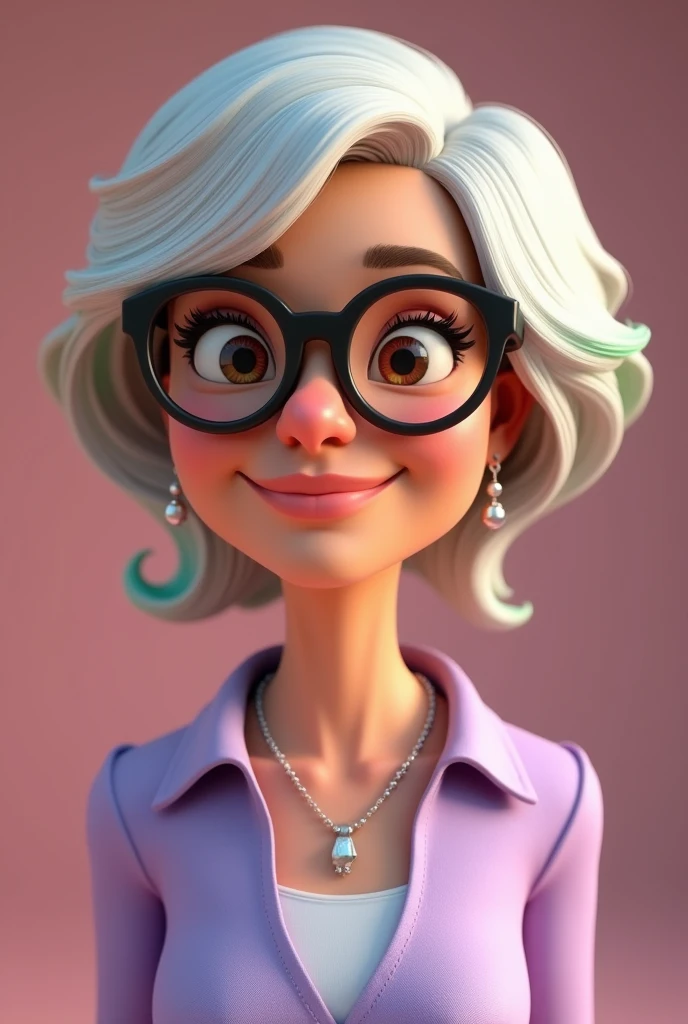 Cartoon character of a woman who looks like she is 50 years old with black glasses and a lilac blouse, WITH SILVER NECKLACE AND EARRINGS, skin fair, big brown-eyes,Cheekbone, black pointy glasses, white hair only pink bangs with green bangs tips an animated character, stylized character, animation style rendering, 3d stylized, Arnold Maya rendering, Stylized 3D rendering, toon render screenshot, 3d character, 3d character, Stylized 3D rendering, 3D character rendering, cartoon character, Personagem de close up, character posing, (Pixar-style) (master part:1.2) (bokeh) (best qualityer) (skin detailed) (detailed texture) (8k) (Argilla) (cinematic lighting) (sharp focus，Sit down and lift your upper body