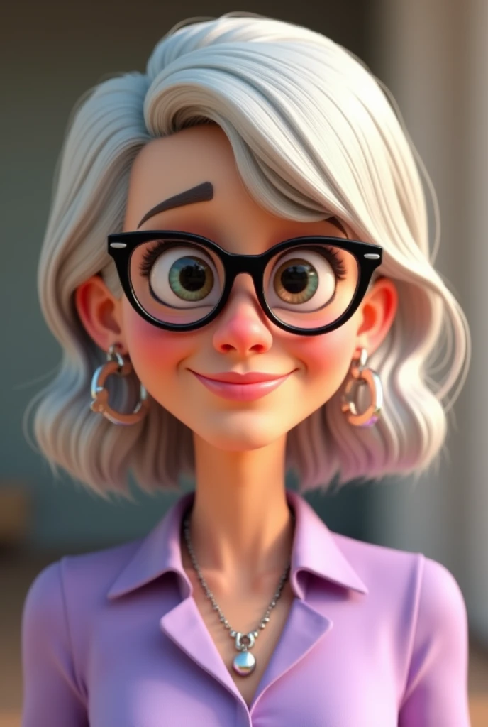 Cartoon character of a woman who looks like she is 50 years old with black glasses and a lilac blouse, WITH SILVER NECKLACE AND EARRINGS, skin fair, big brown-eyes,Cheekbone, black pointy glasses, white hair only pink bangs with green bangs tips an animated character, stylized character, animation style rendering, 3d stylized, Arnold Maya rendering, Stylized 3D rendering, toon render screenshot, 3d character, 3d character, Stylized 3D rendering, 3D character rendering, cartoon character, Personagem de close up, character posing, (Pixar-style) (master part:1.2) (bokeh) (best qualityer) (skin detailed) (detailed texture) (8k) (Argilla) (cinematic lighting) (sharp focus，Sit down and lift your upper body