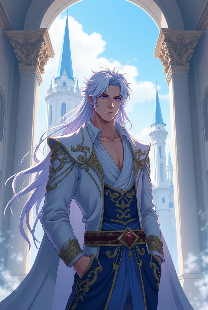 anime boy, serious, Her long white hair with some blue streaks, his purple eyes, in prince&#39;s clothes, very toned and in a white castle with blue towers