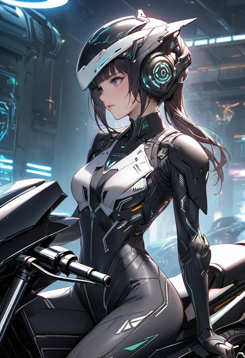 a close up of a person standing on a motorcycle with a helmet, diversos cyber suits, futuristic clothes, cyber suit, cyber suits, cyber suit, sci-fi costume, with futuristic equipment, science fiction female character, of a beautiful Warframe woman, science fiction skin, girl with mecha cybernetic armor, sitting on a cyberpunk motorcycle, A big sword in his hand very pretty face She is raising a sword face to face