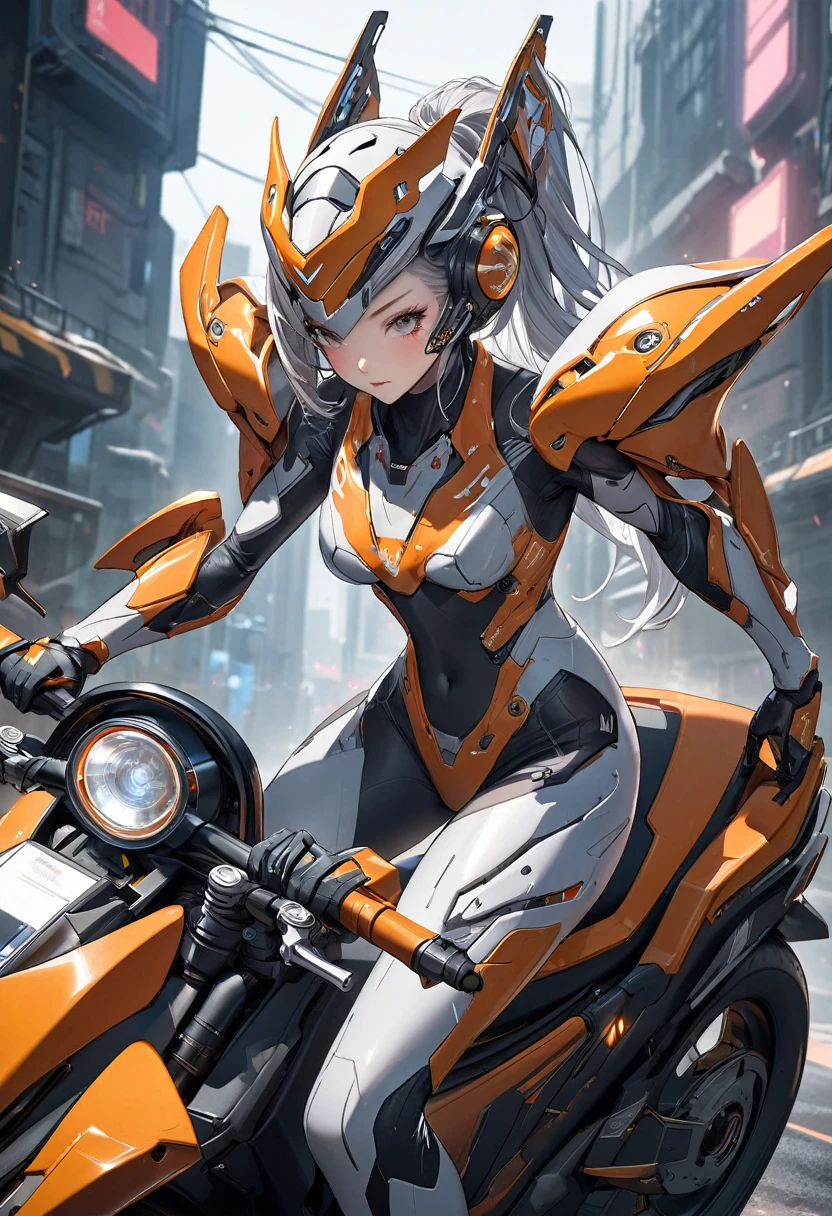 a close up of a person standing on a motorcycle with a helmet, diversos cyber suits, futuristic clothes, cyber suit, cyber suits, cyber suit, sci-fi costume, with futuristic equipment, science fiction female character, of a beautiful Warframe woman, science fiction skin, girl with mecha cybernetic armor, sitting on a cyberpunk motorcycle, A big sword in his hand very pretty face She is raising a sword face to face