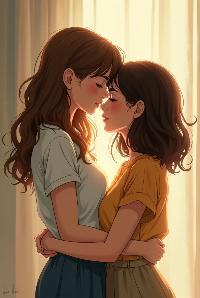Illustrate the story of two Brazilian girls who fell in love during their senior year of high school. One of them was taller with straight light brown hair and the other was shorter with shoulder length curly hair.. Show them hugging each other.