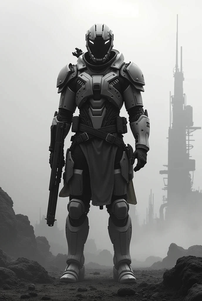 Black and white, modern cybernetically enhanced soldier, born and bred to fight against the rogue AI and warlords that plague this godforsaken world