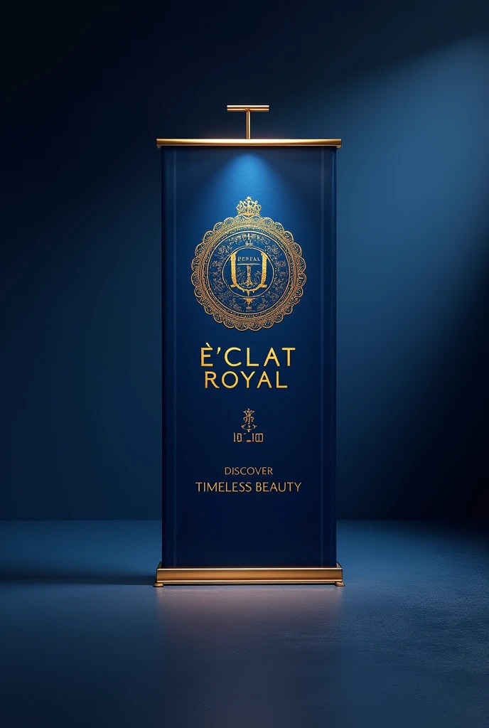 Jewelry banner with the name Éclat Royal. Colors: dark blue, white, and gold. Elegant, refined, and striking. With logo. Slogan: 'Discover Timeless Beauty. With details.