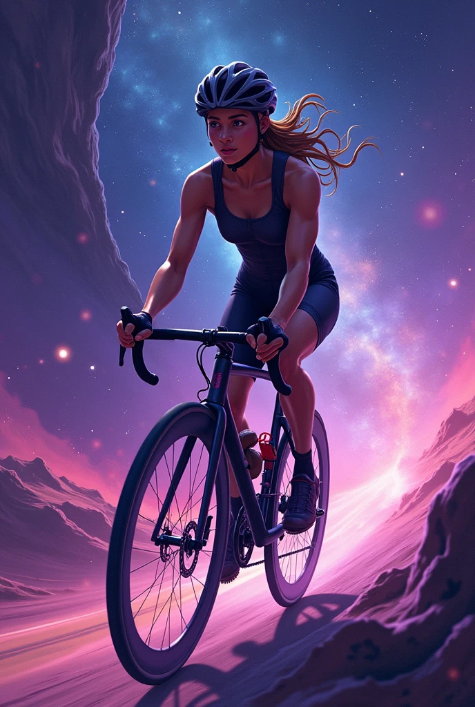 A woman cyclist wallpaper with purple starry background