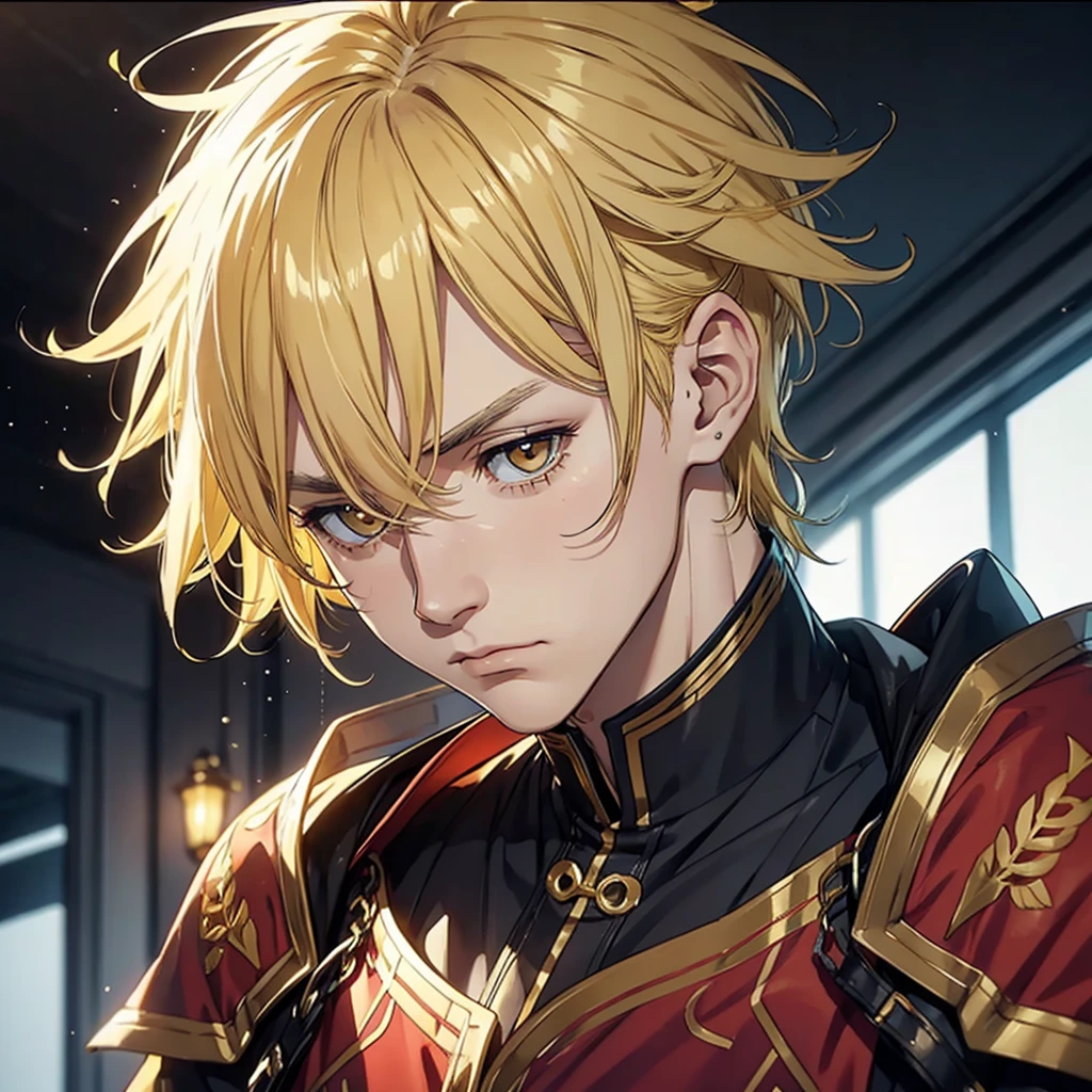 Mature man with golden yellow hair with a somber expression