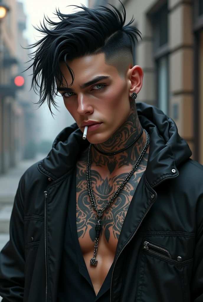 A young man, white skin and short black hair, with a cool haircut, gray blue eyes and a treacherous smile. The face has a more rectangular shape, wears loose, dark clothes. Very urban style, half hip-hop. He has tattoos all over his body and a tattoo on his neck.. smoking a cigarette. PICTURE REALISTIC.