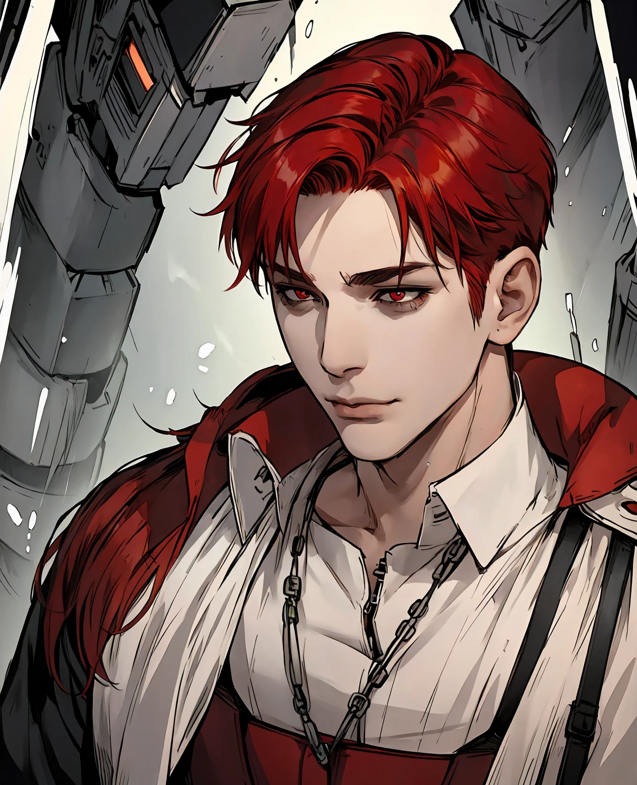 A young man with red hair and red eyes, wearing normal villager clothes, detailed facial features, intricate clothing folds, photorealistic, 8k, cinematic lighting, vibrant colors, fantasy art style