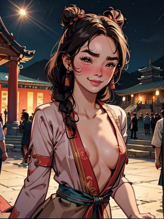 Kpop idol: 1.2, mix4, 1 Korean girl, , (light eyebrows: 1.4), shiny brown eyes, bun head, tied two braids, ancient city, Chinese temple, high mountain, beautiful detail sky, street (crowd:1.2), night, (nose blush), hanfu, happy, smile, cleavage showing 