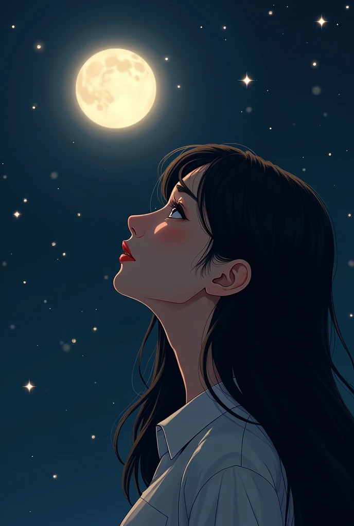 Give me a picture of a girl watchibg moon with a bright stars in background a girl nose shoyld be bumpy and long color should be fair eyes should be almond height should be 5'6 age should be 21 hair should be black and length should be above waist she shouldn't look like anime make realistic