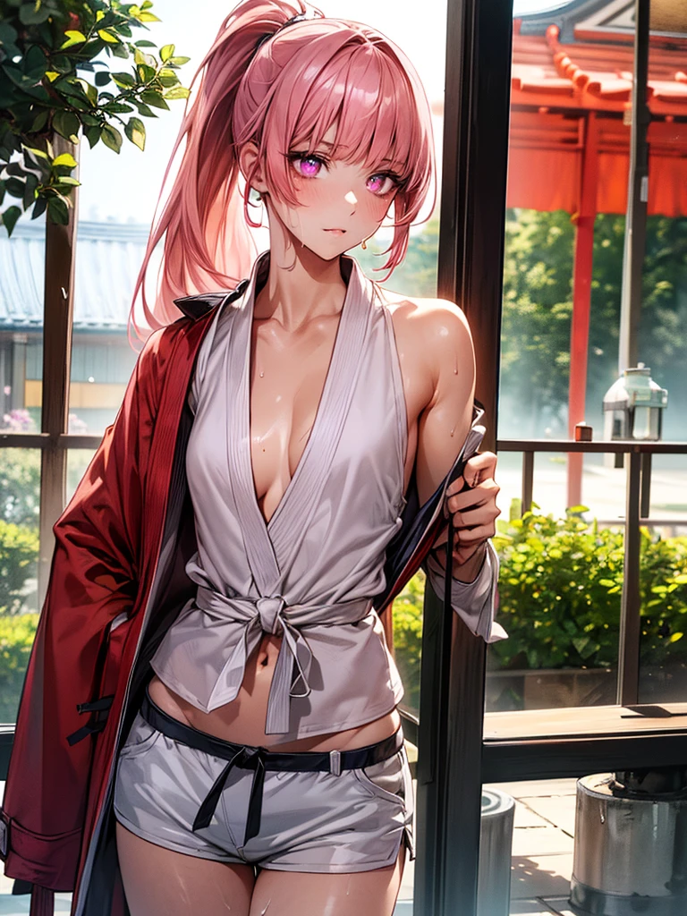 Armpit Show,((Perfect Anatomy,Realistic,:1.4,RAW Photos:1.3,masterpiece、Highest quality、Ultra - High resolution、High resolution、Extremely detailed CG、8k)),1 female,alone,((20 year old beauty,Beautiful and exquisite face and eyes,Gorgeous eyes,Pink Eyes)),((Pink Hair,ponytail,Long Hair,Blunt bangs,Straight hair)),((Medium chest,Slender body,Small Head:1.4,skinny)),(Oily skin,Glowing Skin,Glowing Skin,Sweat:1.4),((Karate coat, Cleavage,No sleeve、White Micro Shorts)),During karate training、punch:1.7,punching a punching bag:1.7,Action pose、Japanese garden、Japanese Style House、Tokyo、moonlight、