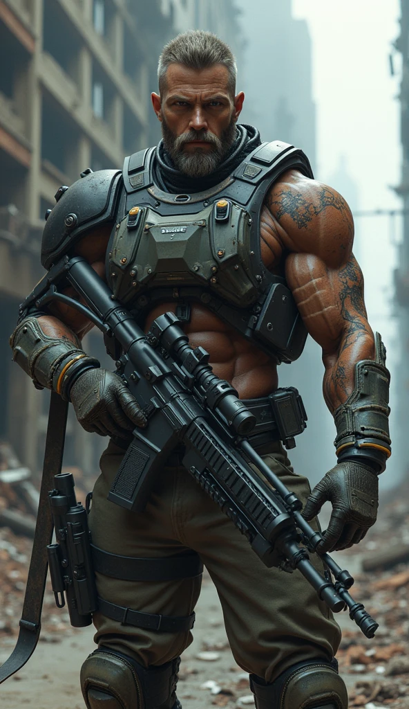 cybernetically enhanced soldier, born and bred to fight against the rogue AI and warlords that plague this godforsaken world, highly detailed, hyper realistic, intricate details, cinematic lighting, dramatic shadows, gritty texture, dark and moody, dramatic pose, intense expression, advanced cybernetic implants, advanced weaponry, post-apocalyptic setting, dystopian environment, ruined cityscape, best quality, 8k, highres, masterpiece, ultra-detailed, realistic, photorealistic, photo-realistic, HDR, UHD, studio lighting, ultra-fine painting, sharp focus, physically-based rendering, extreme detail description, professional, vivid colors, bokeh