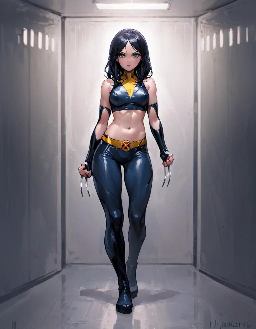 ((Full body photo, standing, feet on the floor)) photo of a beautiful (laura_kinney), (claws), midriff, navel, pants, (abs:0.7), (medium shot), masterpiece, best quality, superhero costume, wolverine, 