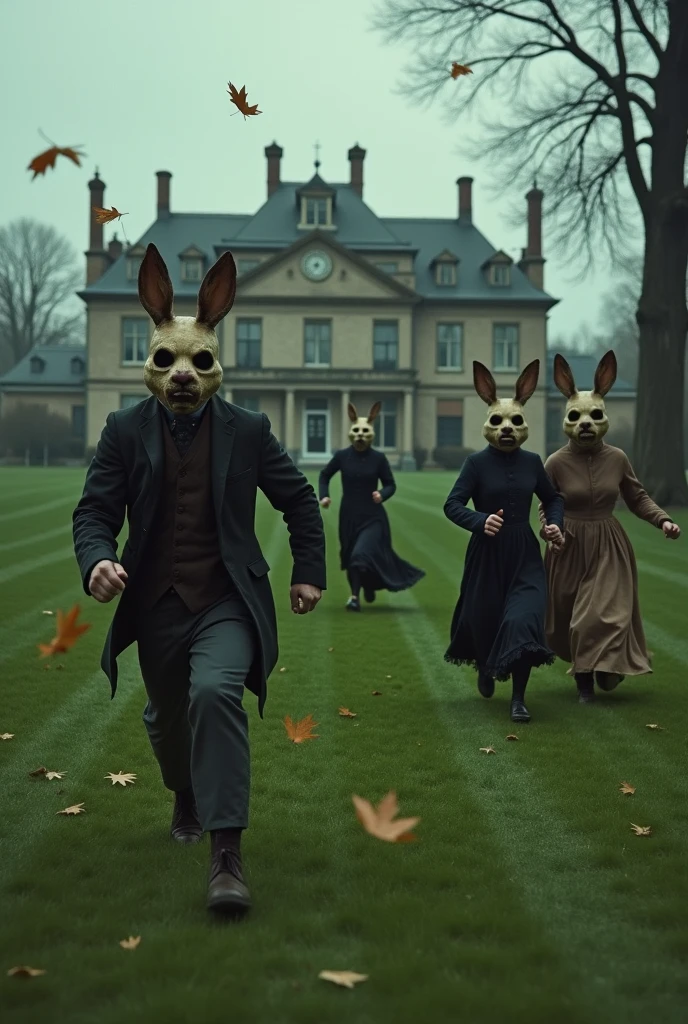 Imagine a realistic scene like an old-looking photo on a large, well-kept lawn., with an old mansion in the background, perhaps with large windows and classic architectural details. Skies may be cloudy, giving a somewhat gloomy atmosphere. People are running towards the camera, all wearing rabbit masks that look like they&#39;re straight out of a horror movie – with black eyes and scary expressions.

Their clothes might be a little old fashioned., perhaps long dresses or period costumes, to give an even more nostalgic touch to the scene. The lawn may have some leaves falling, as if it were autumn, To add more depth to the image.