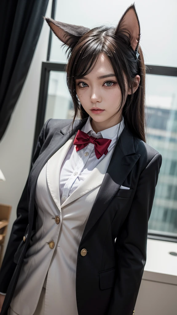 Make a woman wearing a suit with one red eye and one white eye , with cat tail and ears