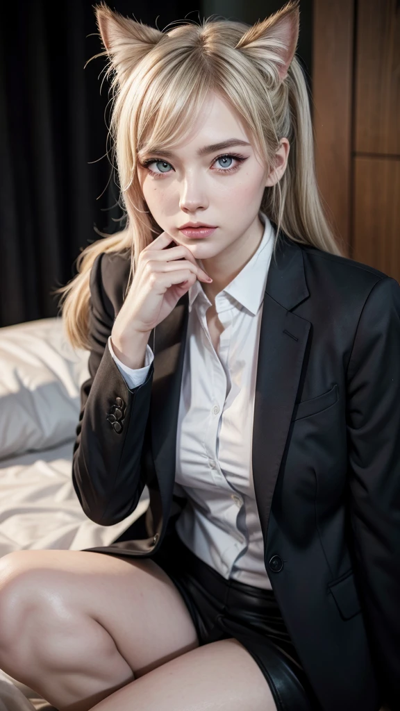 Make a woman wearing a suit with one red eye and one white eye , with cat tail and ears