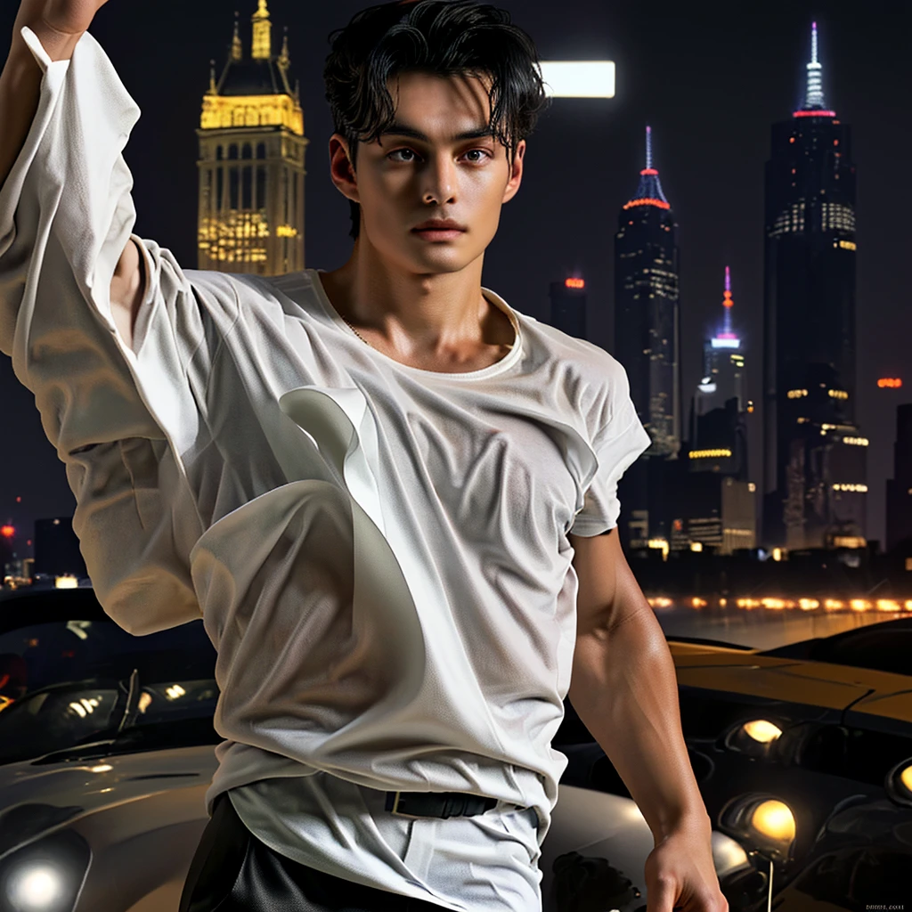 of the highest quality, masterpiece, ultra high resolution, (realist: 1.4), Photo original, Wallpaper, head photo, fur, simple background, iris, detailed, autophoto, 1 chico, 20 years, good looking, wind,white t-shirt、city at night