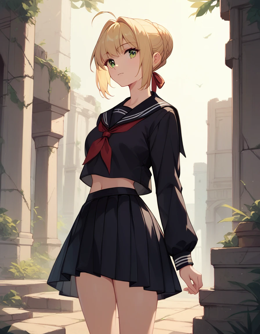 (((masterpiece, ultra-detailed))), nsfw, ,Black serafuku, long Sleeves, standing,1Girl ,thirties blonde hair, french braid, single hair bun, green eyes, ahoge, ruins
