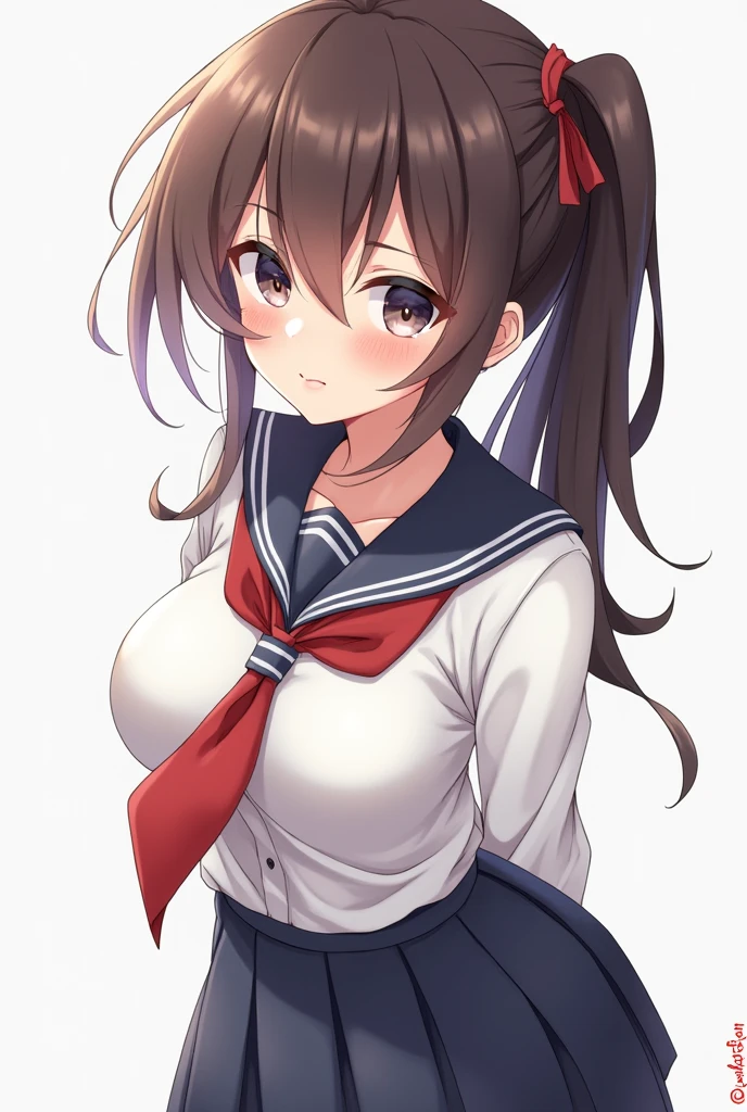school girl, big breasts bent over and with a smile, anime style