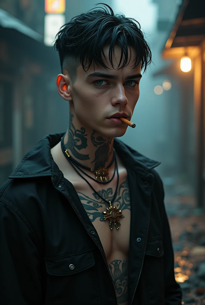 A young man, white skin and short black hair, with a cool haircut, gray blue eyes and a treacherous smile. The face has a more rectangular shape, wears loose, dark clothes. Very urban style, half hip-hop. He has tattoos all over his body and a tattoo on his neck.. smoking a cigarette. PICTURE REALISTIC.