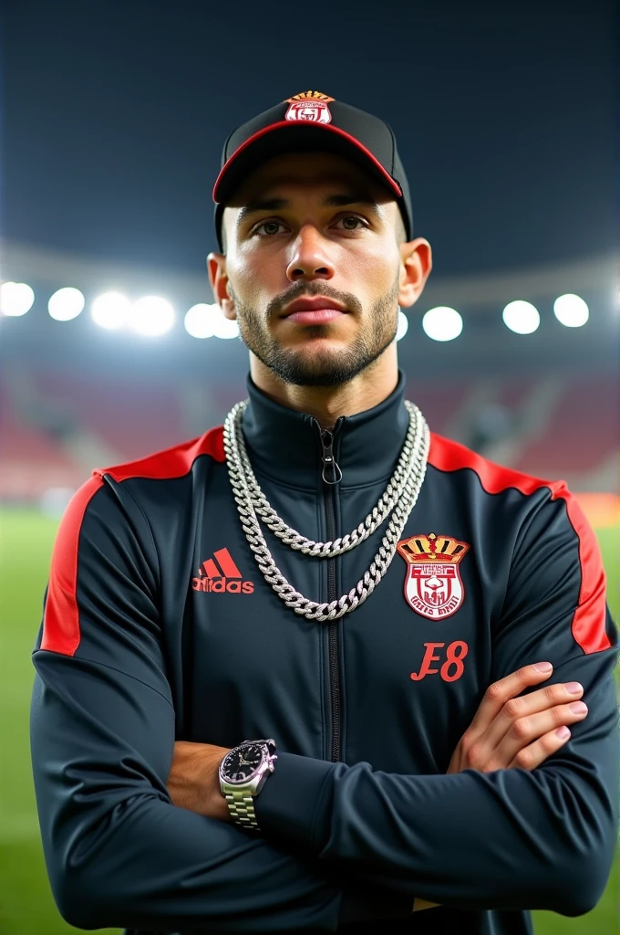a serbian 18 year old footballer giving an interview after a game in training jacket with iced out chains and a cap and a rolex