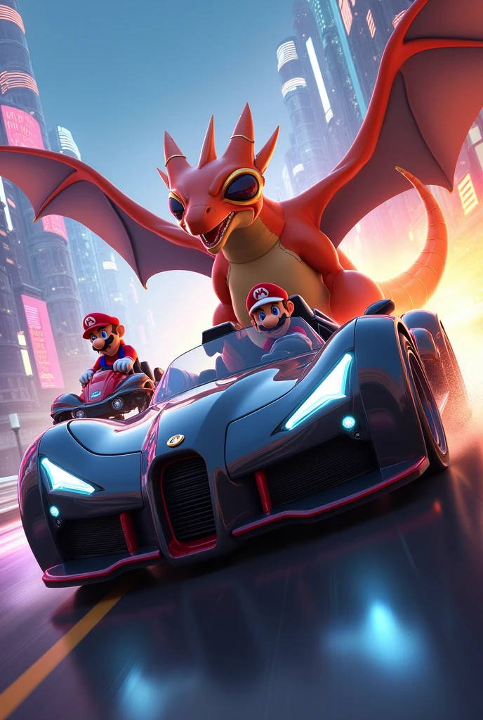 Black and red Charizard driving a car wearing futuristic glasses racing against Mario and Luigi 