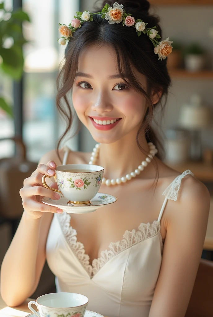 Highest quality、High resolution、Detailed Background、Beautiful face in every detail、Detailed facial expressions、Detailed eyes、age beauty、Cute Eye Makeup、Cute Lip Makeup、Calm atmosphere、Tea time at the cafe、
(Three women enjoying tea time at a cute cafe:1.5)、
Flared silhouette dress、Camisole dress with frills and lace、A-line dress with ribbon and flower motif、A clean base color such as white、Ribbon and flower hair accessories、Pearl and jewel necklaces、bracelet、Gorgeous but feminine、very beautiful