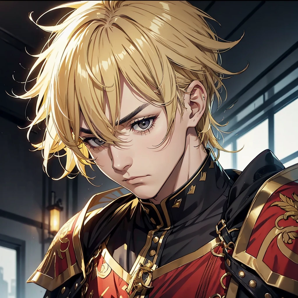 Mature man dark black eyes with golden yellow hair with a gloomy expression