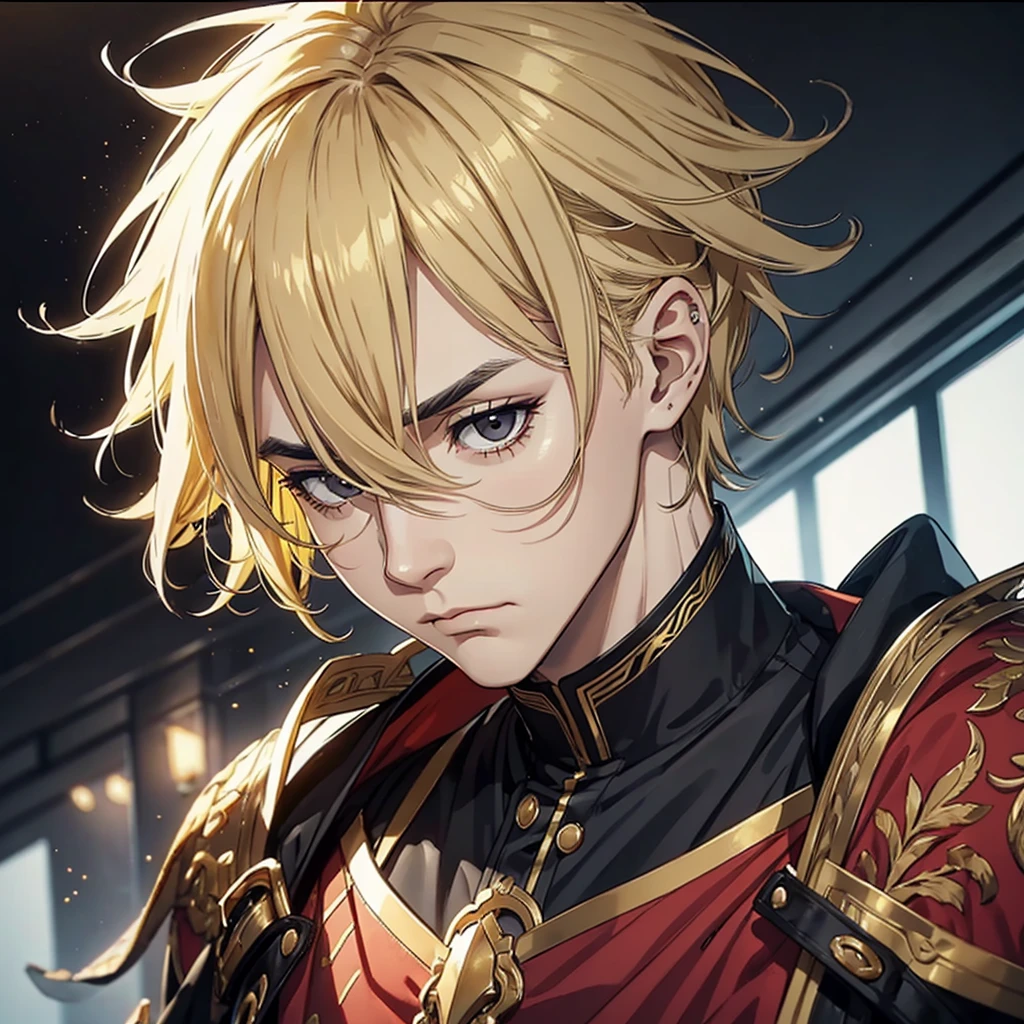 Mature man dark black eyes with golden yellow hair with a gloomy expression 