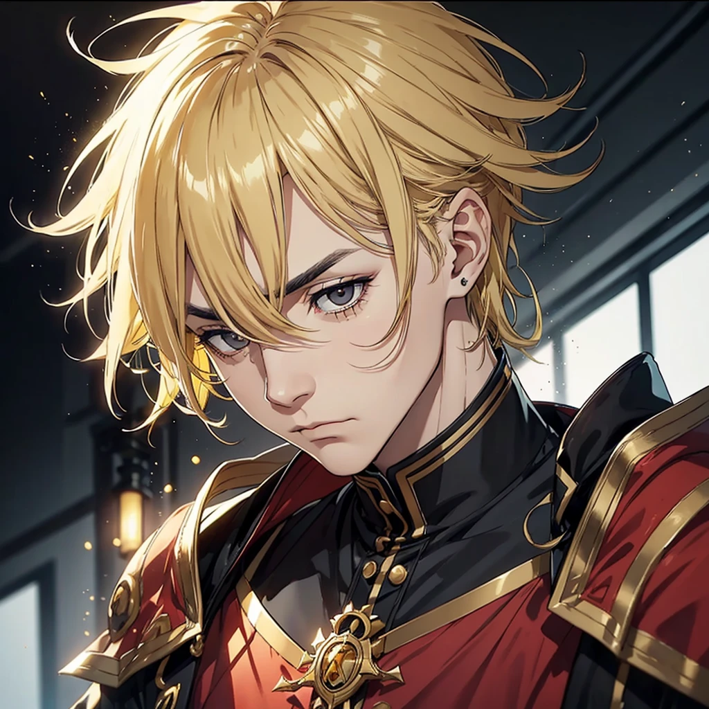 Mature man dark black eyes with golden yellow hair with a gloomy expression