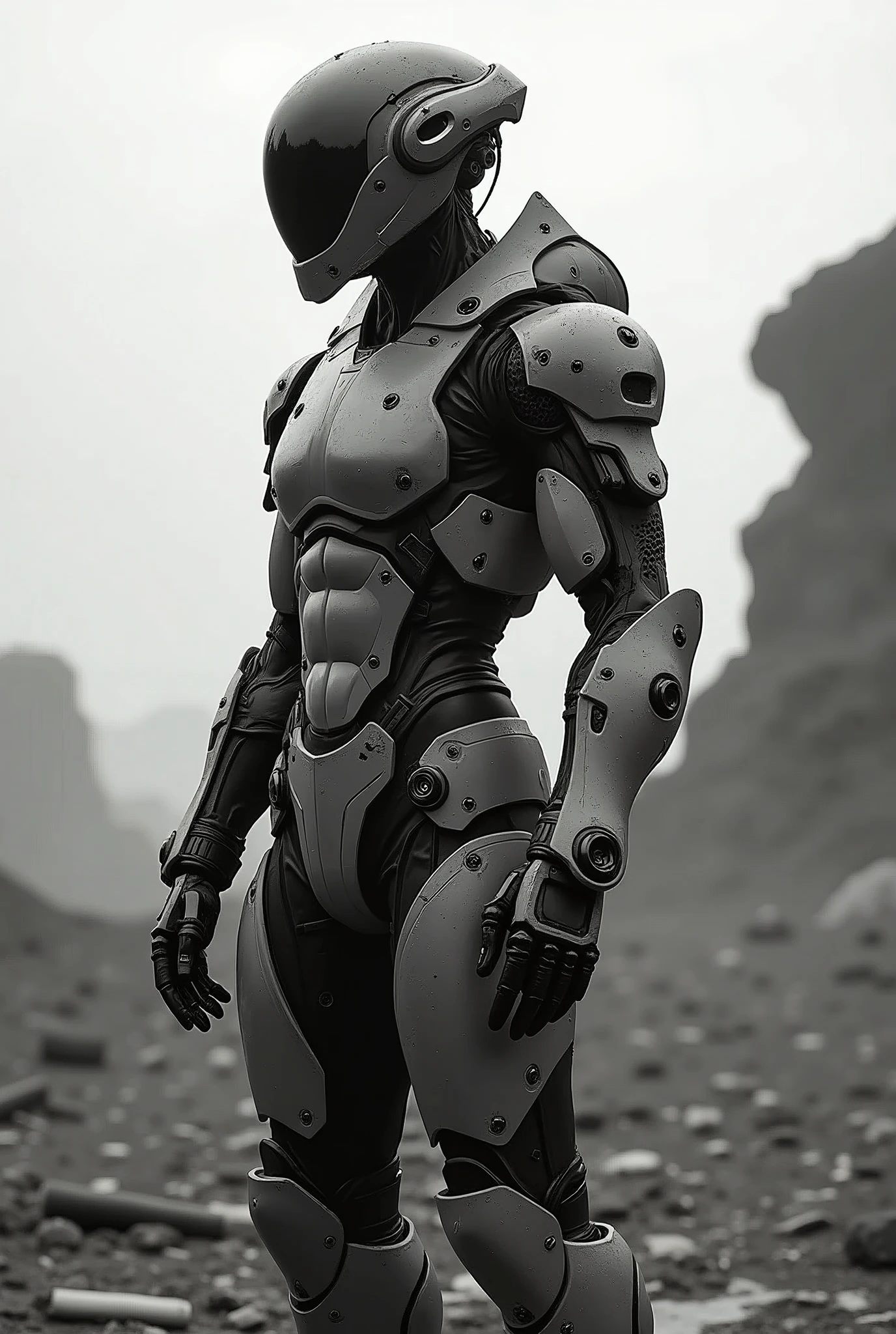 Black and white, modern cybernetically enhanced soldier, born and bred to fight against the rogue AI and warlords that plague this godforsaken world