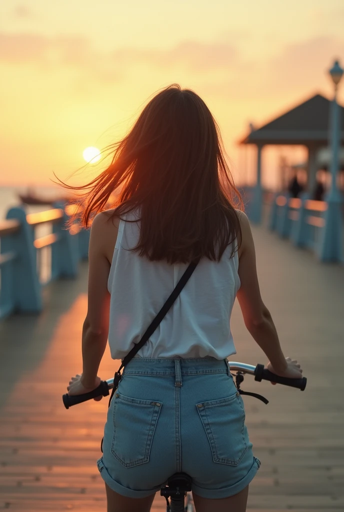 Surrealism:1.5,  Bokeh, young woman aesthetic, bicycle riding, pier, High-quality DSLR snapshots, High-definition film grain photo taken at f/16, ISO 100, With 200mm lens, Global Illumination, Fibonacci