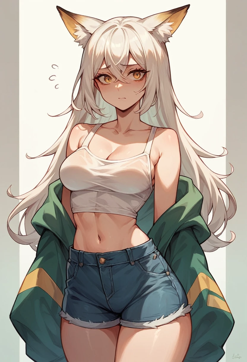 beautiful girl White hair with some yellow hair Yellow Eyes Fox ears Anxious expression Bellybutton clothes You can see the valley from the front Shorts