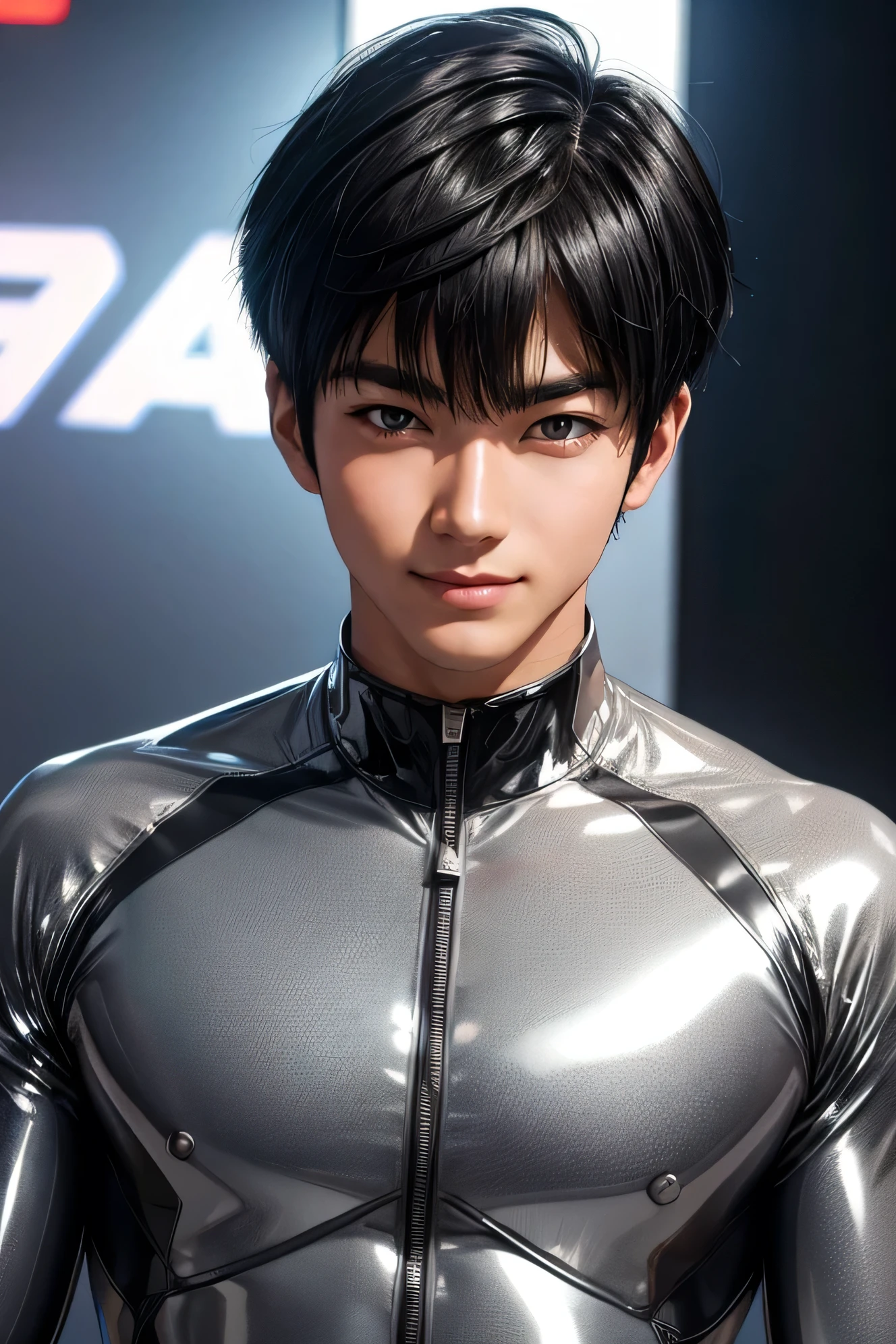 Handsome Japanese male models　　22 years old　smile　　　Black Hair　　Short cut　Short bangs　looking at the camera　　　　　Shiny full-body silver suit　　　Shiny silver latex suit　Mega Bulge　　looking at the camera　future world　　　　　Upper body close-up　Face close-up　　　　　 dynamic pose
