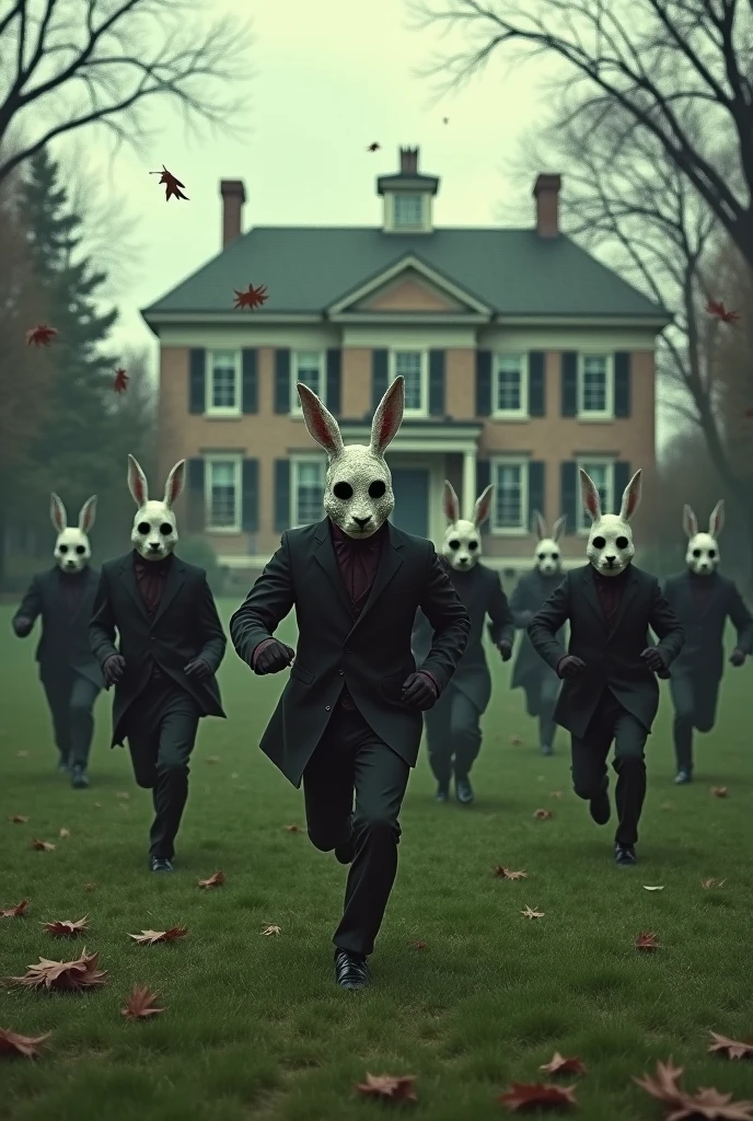Imagine a realistic scene like an old photo on a large, well-kept lawn., with an old mansion in the background, perhaps with large windows and classic architectural details. Skies may be cloudy, giving a somewhat gloomy atmosphere. People are running towards the camera, all wearing rabbit masks that look like they&#39;re straight out of a horror movie – with black eyes and scary expressions.

Their clothes might be a little old fashioned., perhaps long dresses or period costumes, to give an even more nostalgic touch to the scene. The lawn may have some leaves falling, as if it were autumn, To add more depth to the image.