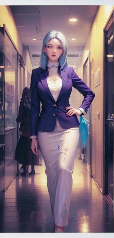 (Masterpiece, Top Quality, Best Quality, Official Art: 1.2), (1 woman), Full portrait of the most beautiful, sexy ethereal woman with snow-white hair, pastel highlights, framing a face of extreme detail and elegance. Frosty blue eyes are adorned with blue eyeshadow, complementing the blue jewels on her forehead. Long lashes and double eyelids are accentuated with dark purple mascara. Rosy cheeks add a touch of warmth to her ethereal beauty, and her glossy skin shines in the cinematic light, highlighting each and every realistic pore and wrinkle. Full sexy lips, painted with purple lipstick, complement