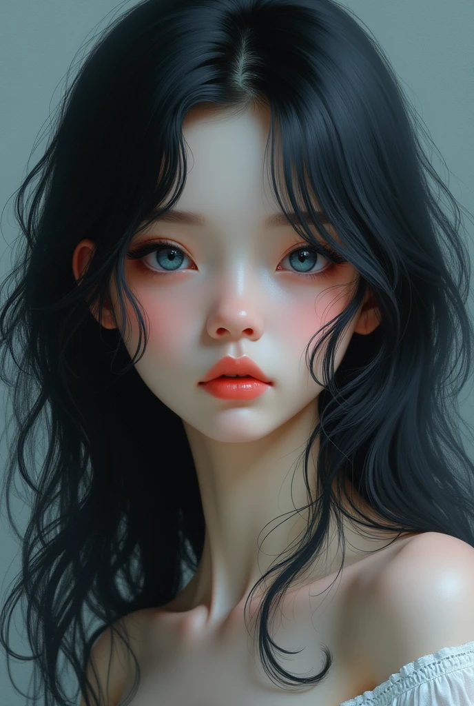 Girl with long wavy black hair, blue eyes