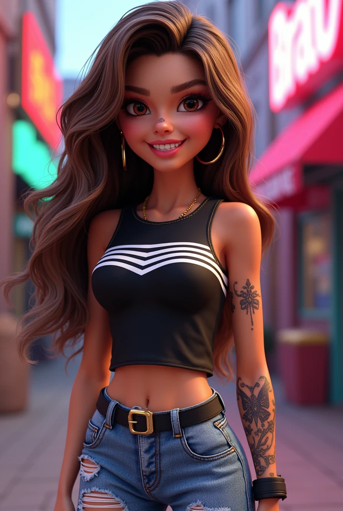 Bratz style long brown hair girl black top with white stripes ripped jeans nose piercing 3D butterfly tattoo on arm