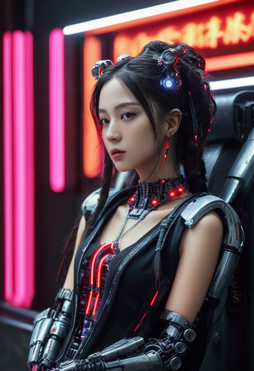 xxmixgirl. Highly detailed professional 35mm film, bokeh, face in sharp focus. A robotic female, Miku, with ((metal skin)), ((perfect Asian eyes)) with magenta irises and ((black pupils)), beautiful serious (detailed face), 18 year old ((photorealistic face)), very long magenta twin tails of magenta hair, twin black hair ties with a single red stripe. She may have a black audio headpiece. We can see her ((full body)) down to her boot soles. Her outfit is a sleeveless collared light grey shirt, outlined in red around the frilled collar and hems. Shiny reflective ((metallic breast cups, dimpleless)), invisible nipples. She wears black sleeves with red hems that start around her upper arm and bellow out as the sleeves open and extend to her wrists, with wide trumpet red rimmed cuffs. She has perfect robotic (detailed hands). She wears a red colored tie with two horizontal solid parallel black lines halfway across. She wears a fabric black skirt with a horizontal red hem at the bottom all the way around; her (((black skirt wraps around her))) and ((her skirt completely covers)) her robotic waist and thighs. Tall black boots with red bottom soles, a red rim around the top at her thighs. Her mechanical shoulder joints are visible. We can see her robotic legs and robotic neck. Half of her is covered with shiny polished machinery. The background is a distant dark neon futuristic Japanese city, gold, cyan, violet neon, near harbor or mountains.