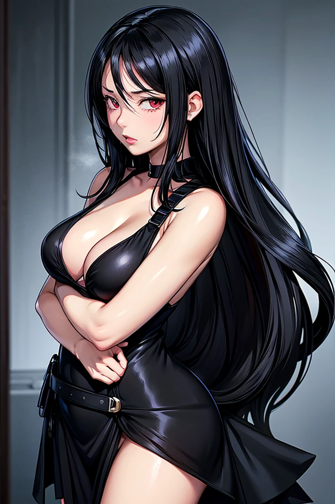a cartoon image of a woman with long black hair and a black top, anime girl wearing a black dress, seductive anime girl, seductive tifa lockhart portrait, beautiful alluring anime woman, female anime character, anime woman, nico robin, she has black hair, marin kitagawa fanart, she is wearing a black dress, beautiful anime woman, girl with black hair