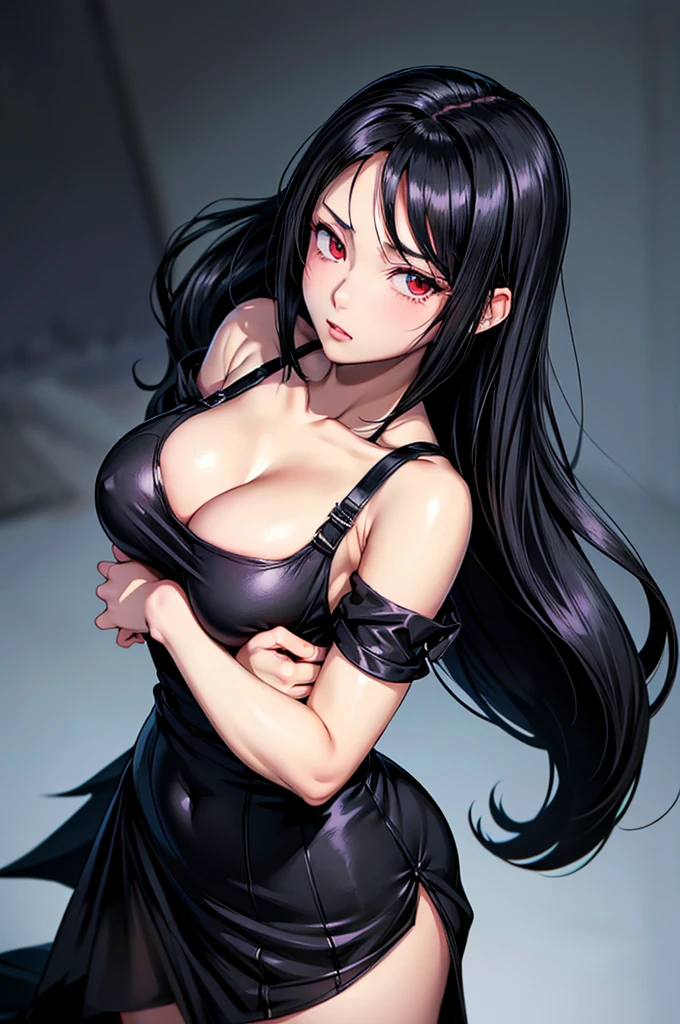 a cartoon image of a woman with long black hair and a black top, anime girl wearing a black dress, seductive anime girl, seductive tifa lockhart portrait, beautiful alluring anime woman, female anime character, anime woman, nico robin, she has black hair, marin kitagawa fanart, she is wearing a black dress, beautiful anime woman, girl with black hair