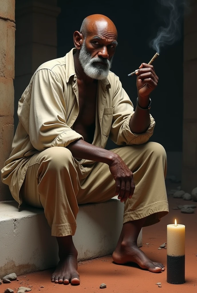 70 YEAR OLD GENTLEMAN ,baldie ,short white beard , muscular,sitting on a white stone ,red clay floor place ,holding a black cigar in his right hand .on the floor on the right side a candle half white and half black,with folded beige wide-sleeved blouse and folded beige pants , barefoot .piercing look.
Time of slavery