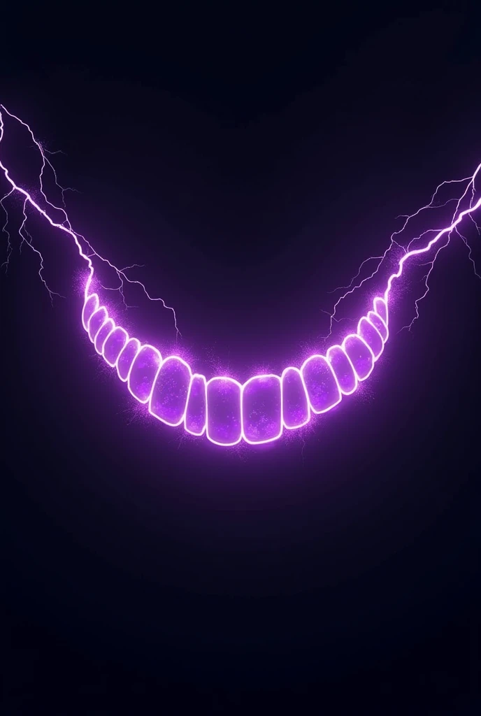 Do A black screen with purple thunders on it, these thunders form a smile with teeth, The smile has a cartoon style but the thunder is realistic, and there are several thunders, The teeth are those of a normal person, they are not pointy. They are like human teeth but Cartoon 