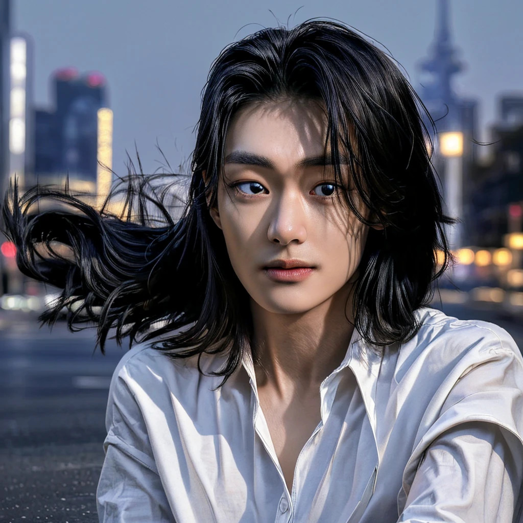 of the highest quality, masterpiece, ultra high resolution, (realist: 1.4), Photo original, Wallpaper, head photo, fur, simple background, iris, detailed, autophoto, 1 chico, 20 years, good looking, wind,white t-shirt、city at night