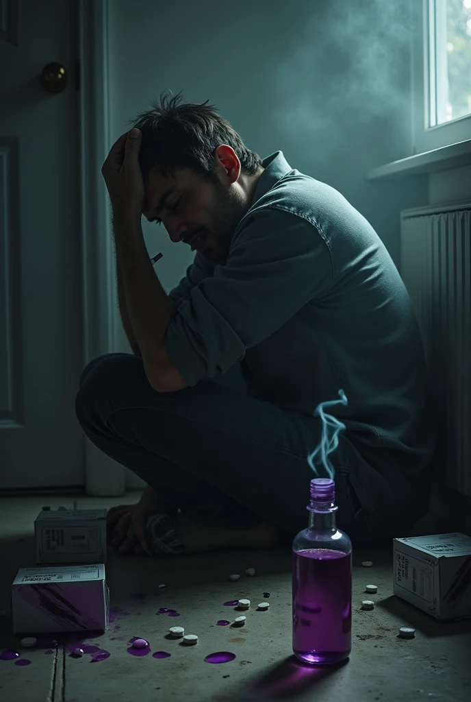 A smoky room with a man sitting in the corner and a bottle of purple liquid next to him. Also around him, some boxes with black stripes and pills thrown on the floor. The man is standing in a pool of tears. He also has his hand on his head, a cigarette in the other, He seems depressed  
