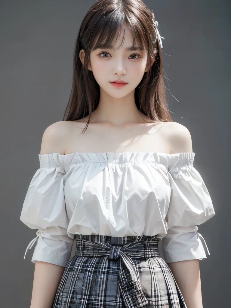 (8k, RAW Photos, Highest quality, masterpiece: 1.2), Very detailed, Super Resolution, (Genuine, Genuine photos: 1.37), (Colorful Wallpaper), High-quality RAW color photos, Professional photos, Very detailedで美new, Very detailed,  Amazing details,Official Art, Very detailed CG Unity 8k wallpaper, Very detailed beautiful girls, Very detailed facesHighly detailed eyes, Very fine skin, Very detailed fingers, Very small nose, Very detailed detailed mouth, Perfect Anatomy, Detailed Background, High Quality Clothing,20th Generation, cute girl, Genuineistic body, White skin, Glowing Skin, (Blunt bangs: 1.2), smile, cute, like々new, cute face, Genuineistic face, Delicate eyes, Saggy eyes, (smile、View from the front、Off the shoulder、Checked Skirt、ribbon)
