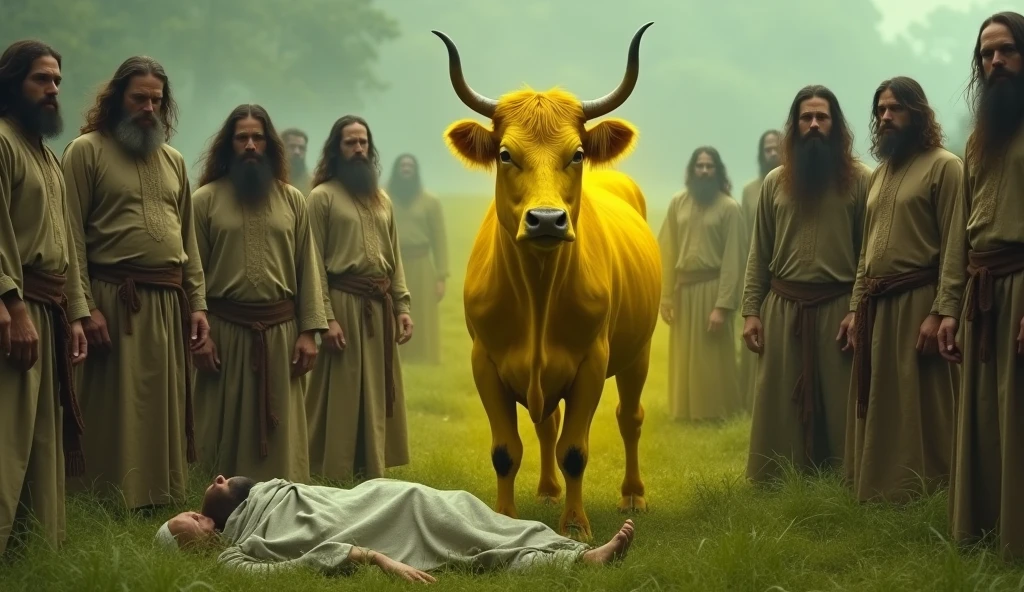 ghost, aesthetic nightmare Realistic picture of a bright yellow cow surrounded by men in traditional old clothes, long hair and belts Behind them is a green grassy area.
And next to them is a dead body covered in a shroud.